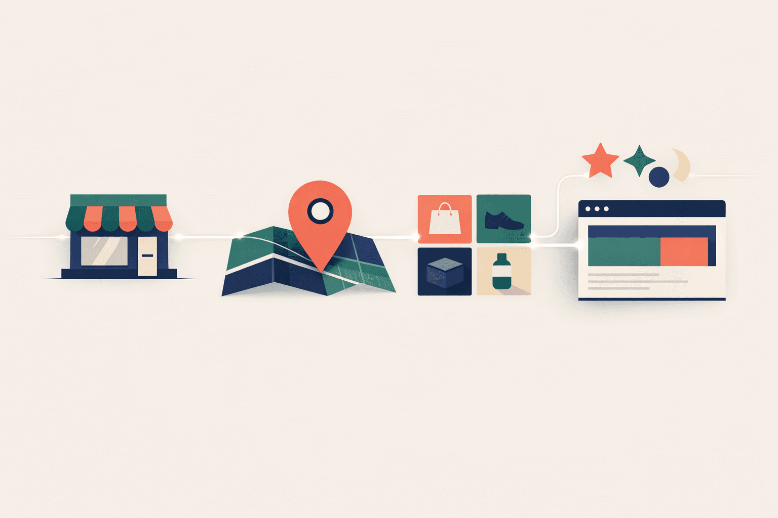 Minimal editorial abstraction of a local storefront, map signal, inventory, and web data synchronizing across a shared network