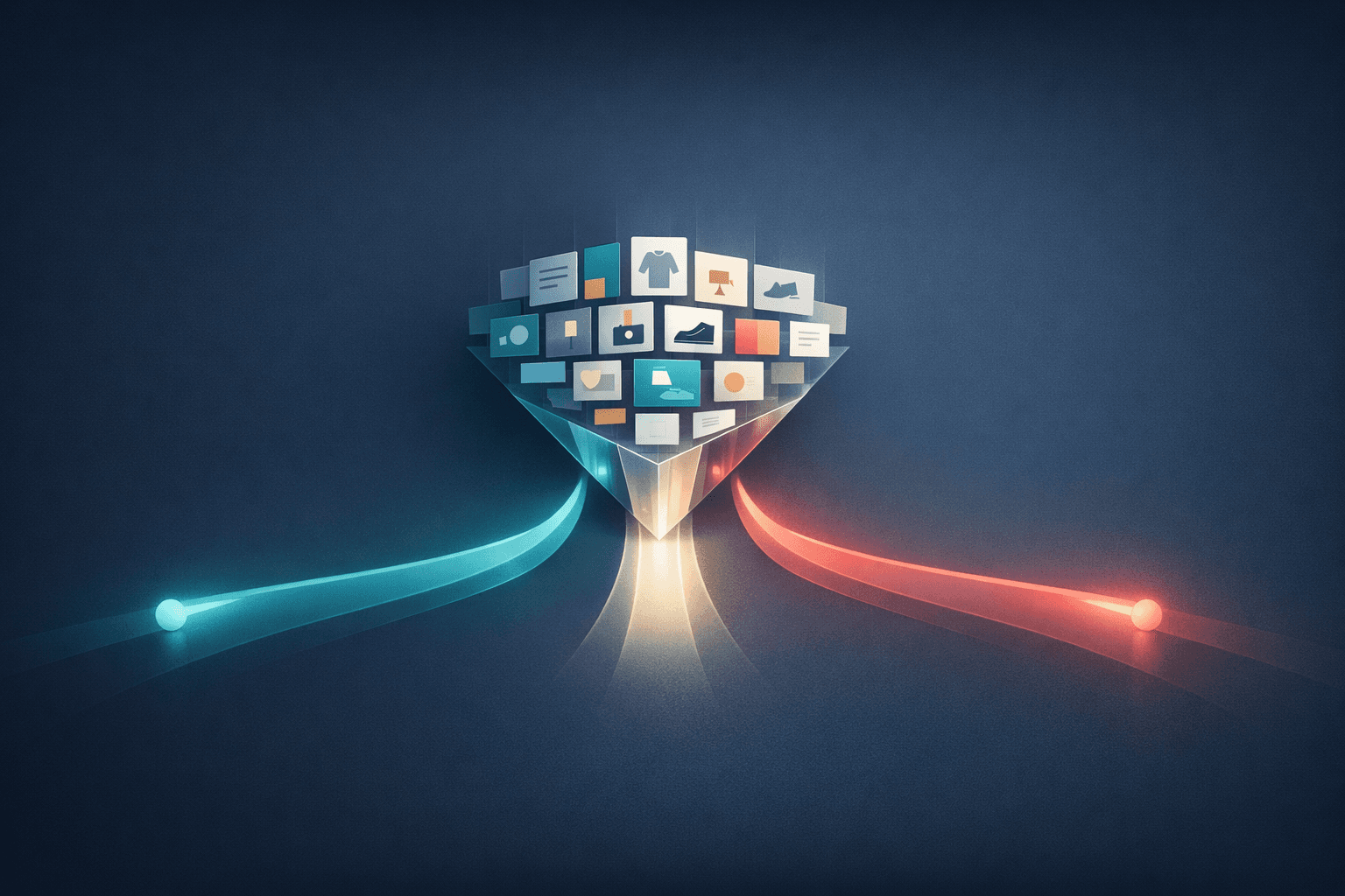 Minimal editorial abstraction of a well-structured product catalog resolving into clear, comparable recommendation paths