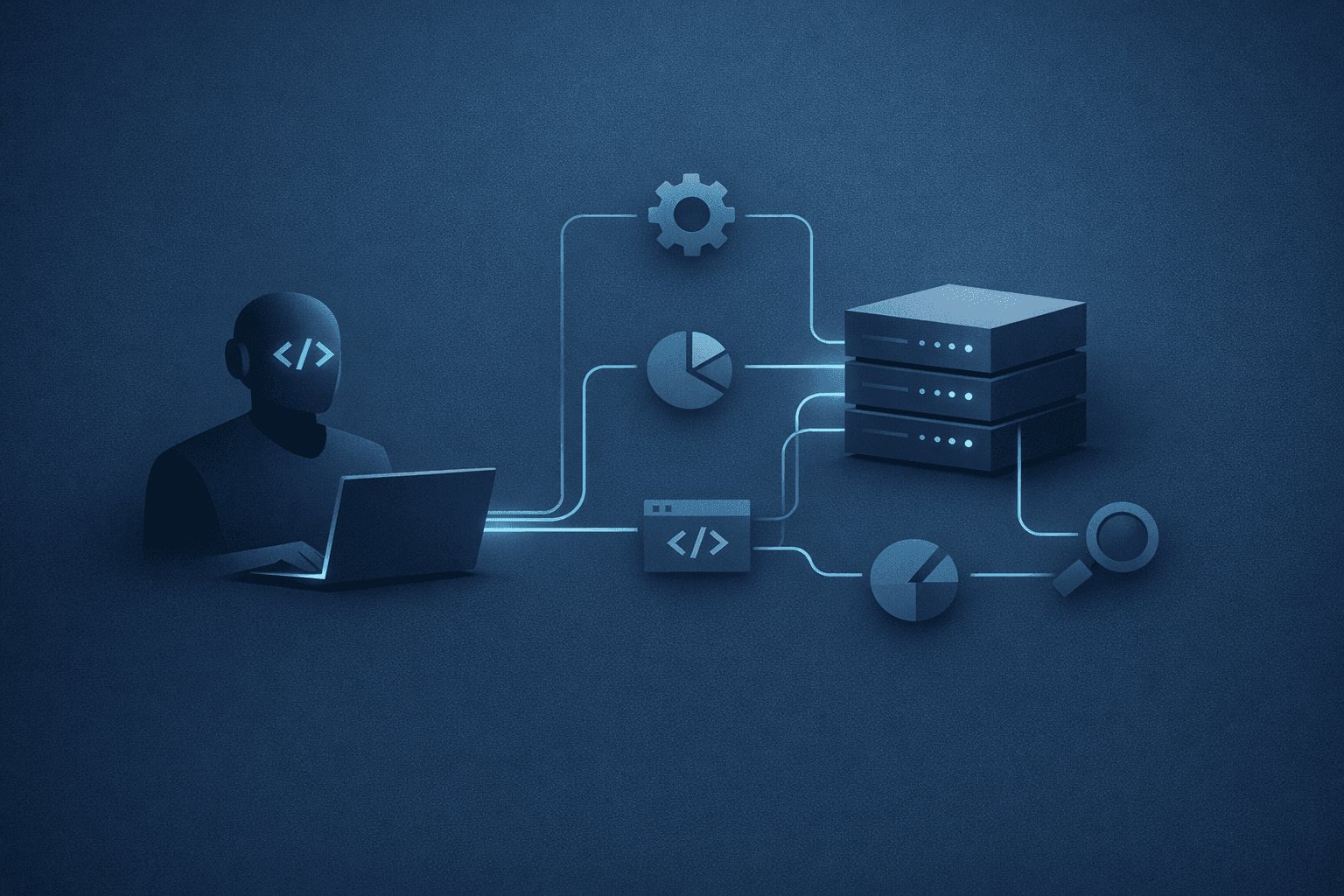 Minimal editorial illustration of an agentic coding workflow connecting to a trusted tool server through clean protocol lines