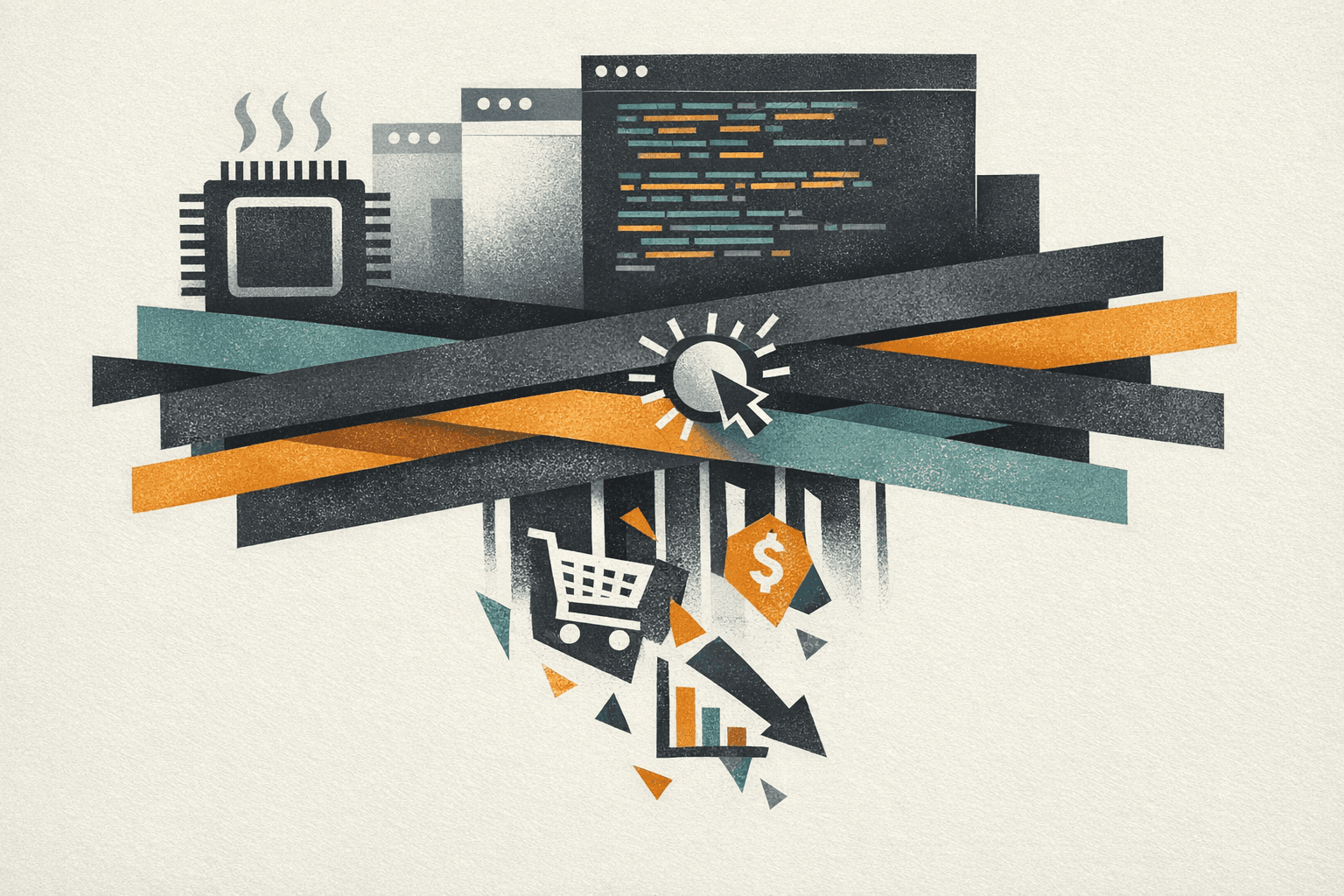 Abstract editorial illustration of dense script weight turning into friction, delay, and commercial leakage across a buying journey
