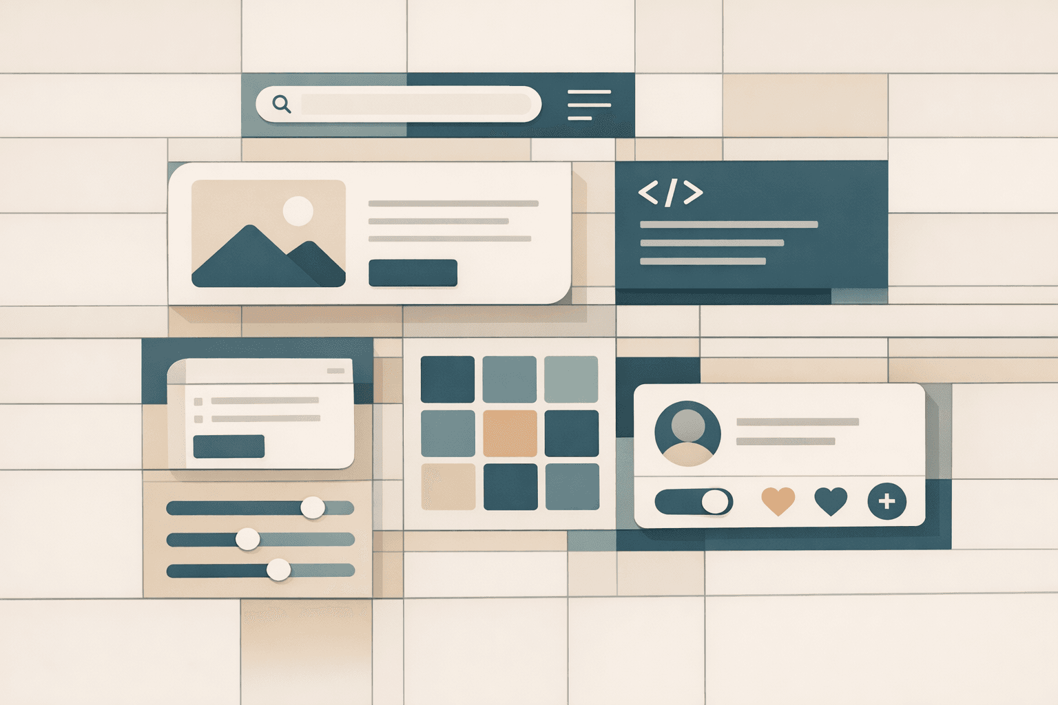 Minimal editorial abstraction of structured utility classes snapping interface fragments into place around an AI-guided layout grid