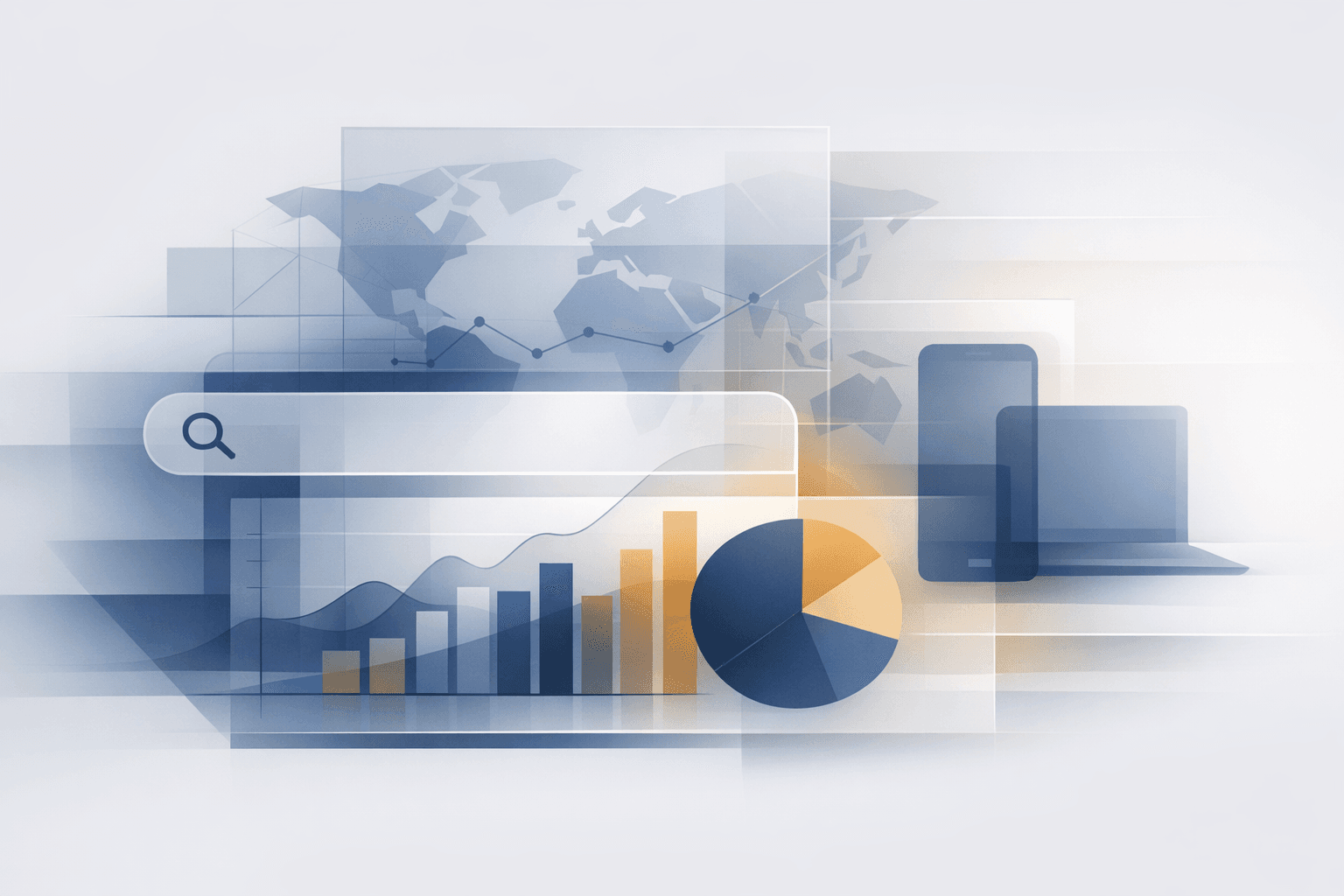Minimal editorial abstraction of search visibility signals breaking into layered panels of impressions, markets, devices, and time