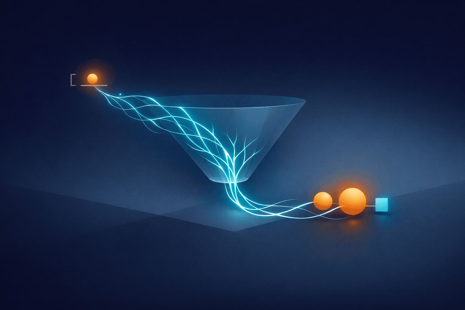 Minimal editorial abstraction of a citation signal branching through a conversion path, in midnight blue, amber, and electric cyan
