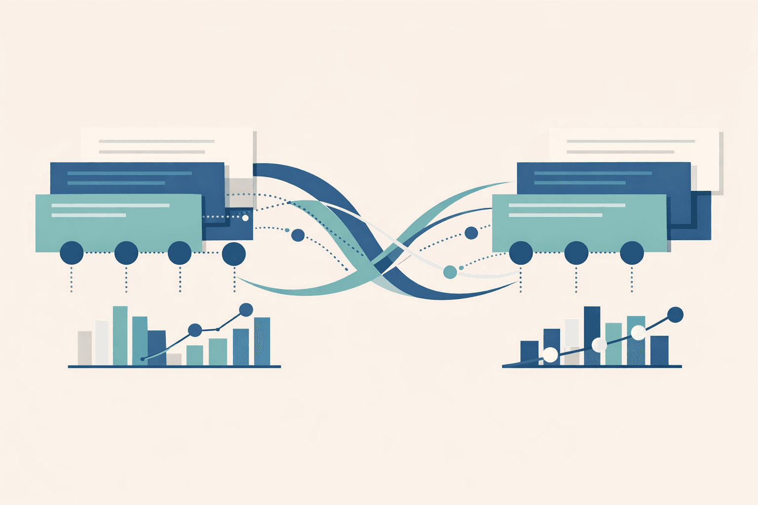 Minimal editorial abstraction of layered search panels, citation traces, and measurement signals moving across two visibility systems