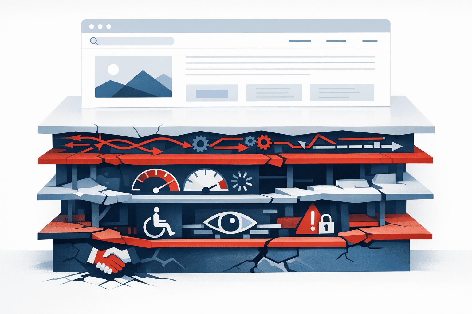 Abstract editorial composition of a polished website surface concealing structural faults underneath