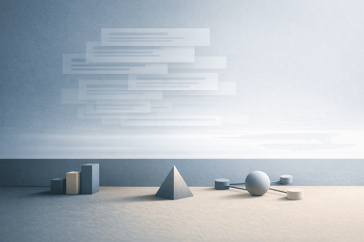 Minimal editorial abstraction of search layers folding into an AI answer surface while durable ranking signals remain anchored underneath