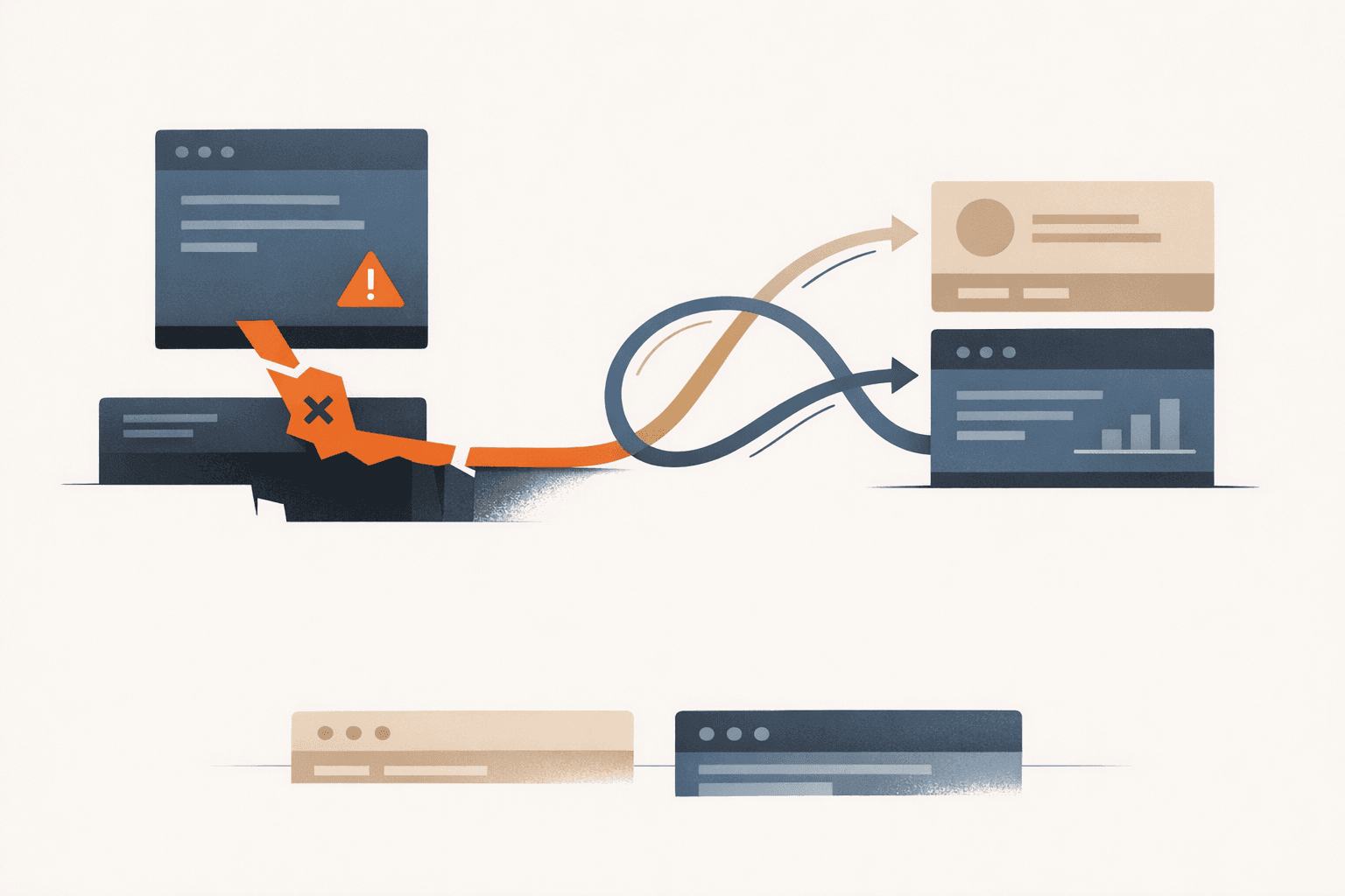 Abstract editorial illustration of application failures being redirected into structured recovery paths instead of dead ends
