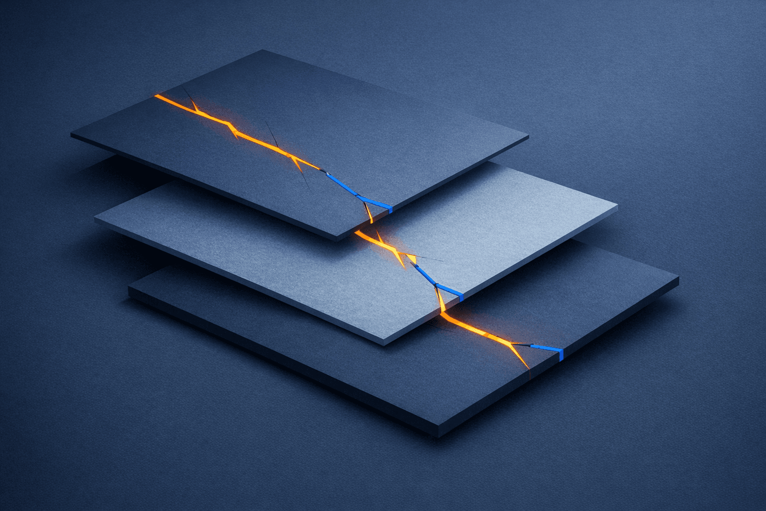 Fractured infrastructure layers repaired with precise cobalt seams, in midnight blue, slate, and amber