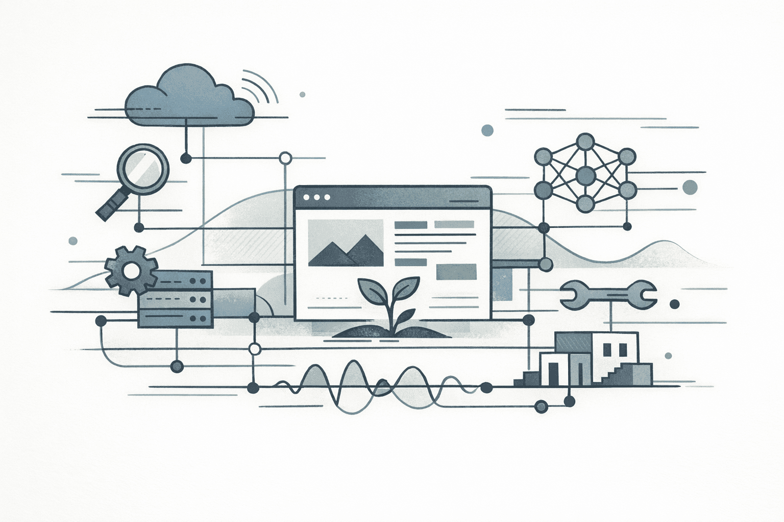 Abstract editorial illustration of a living website sustained by interconnected maintenance systems and search signals