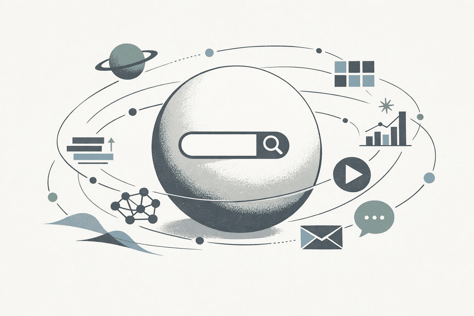 Abstract editorial illustration of the search landscape as a concentrated core surrounded by smaller but meaningful discovery channels
