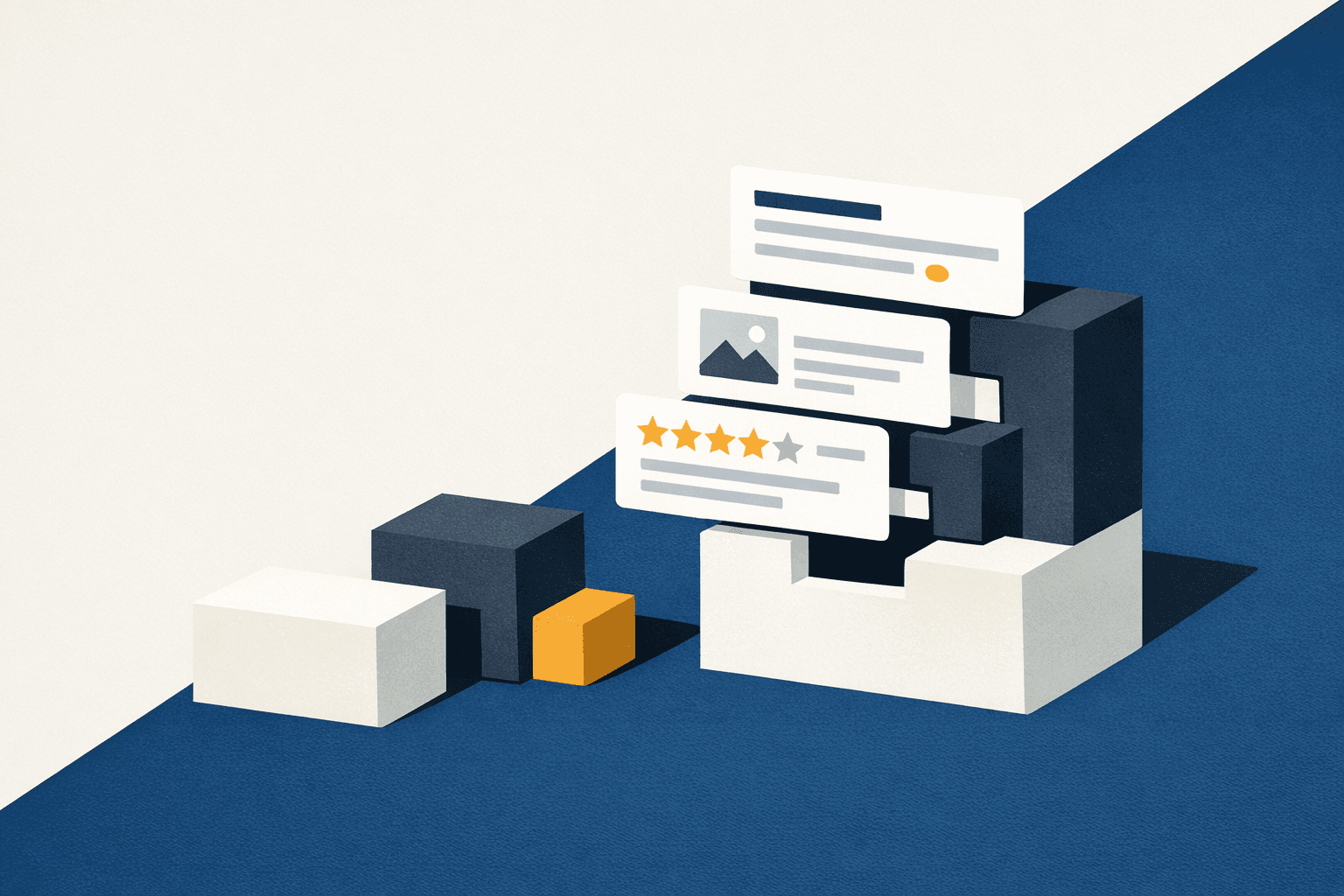 Abstract editorial illustration of structured search signals locking into a cleaner, richer search result
