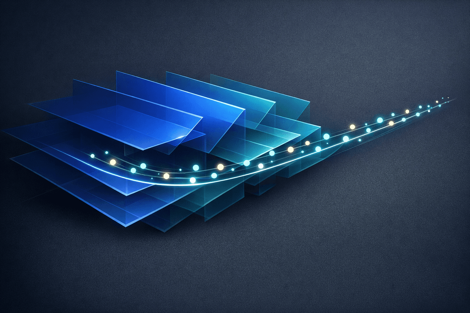 Minimal editorial abstraction of a GPU command stream becoming lighter and more direct, in deep cobalt, graphite, and electric teal