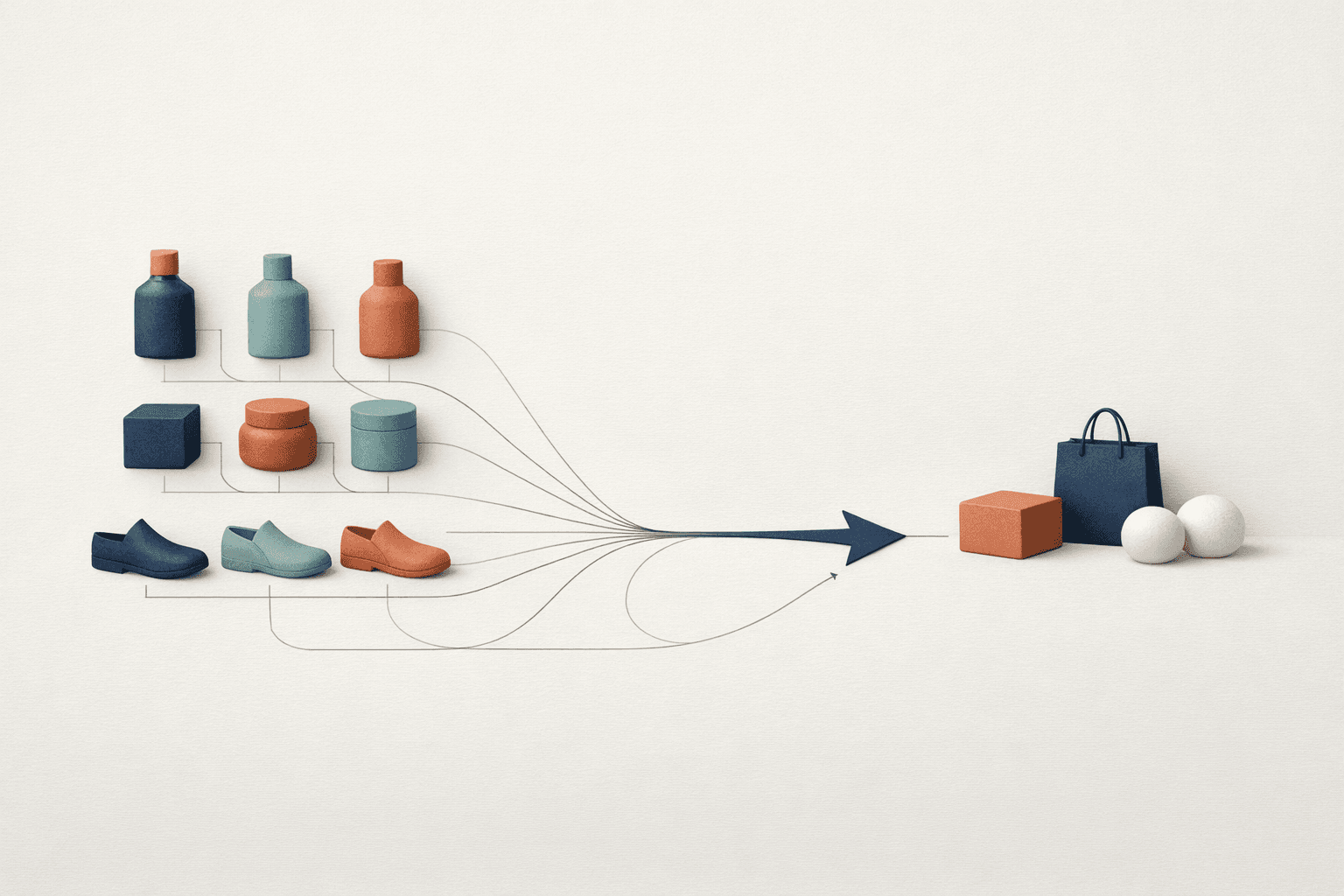 An orderly catalog of product variants converging into a clear purchase path, with fulfillment and returns connected to the same record