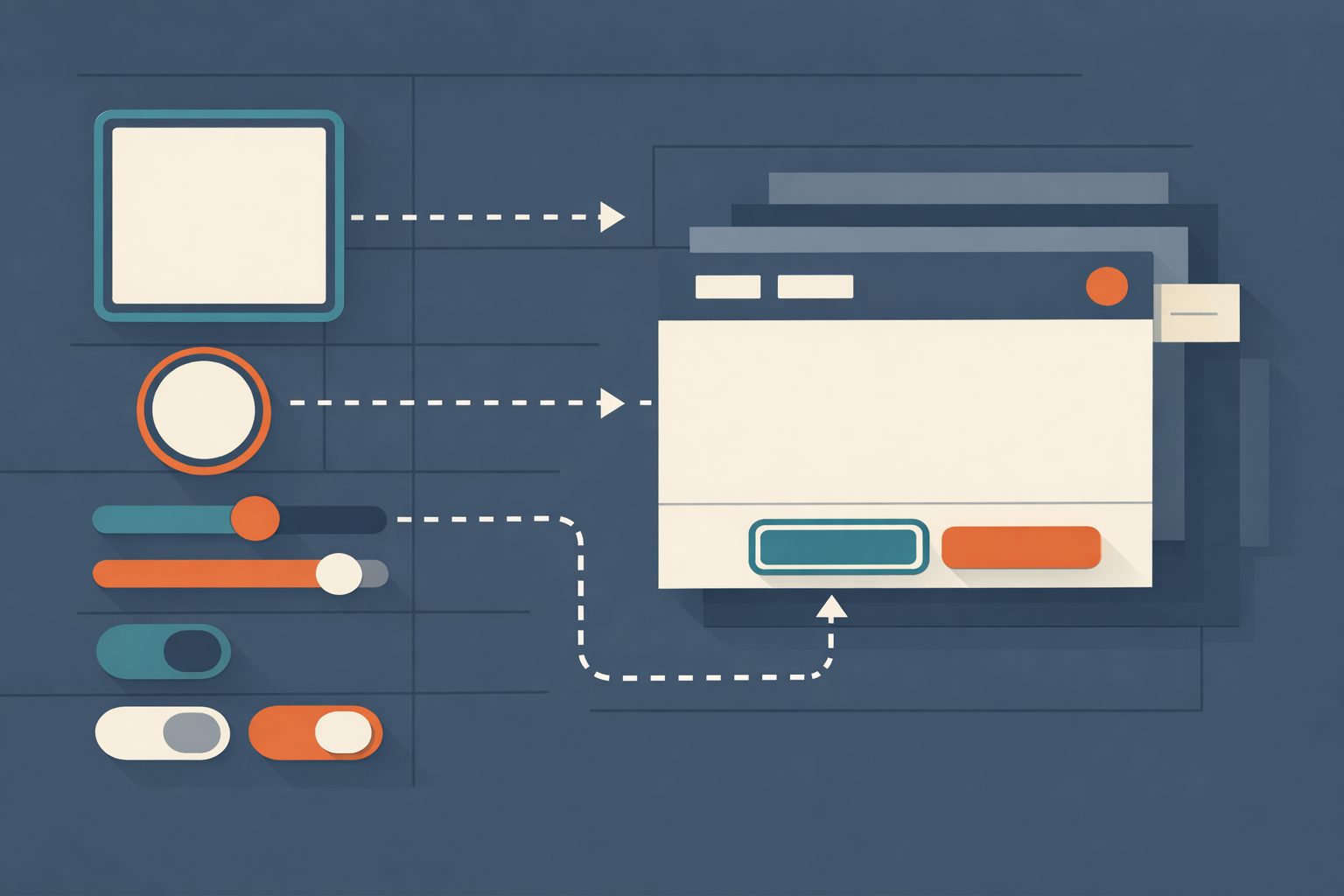 Abstract editorial illustration of interface quality revealed through focus paths, structure, and resilient interaction states