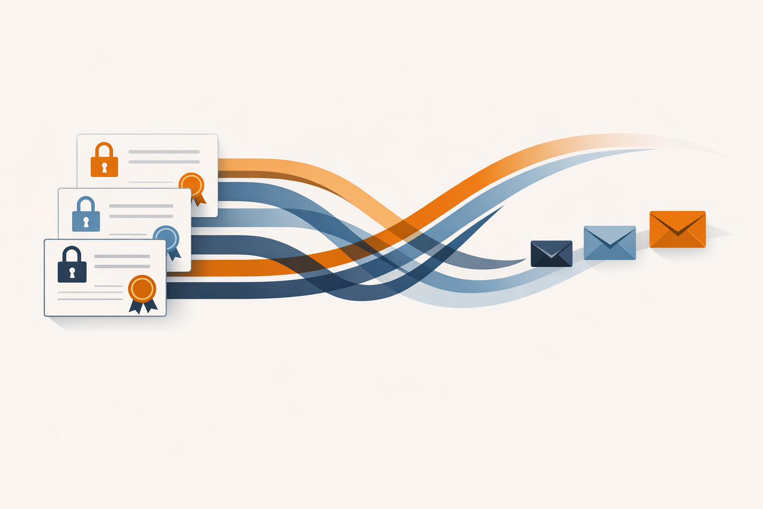 Minimal editorial illustration of certificate trust paths and inbound mail routing