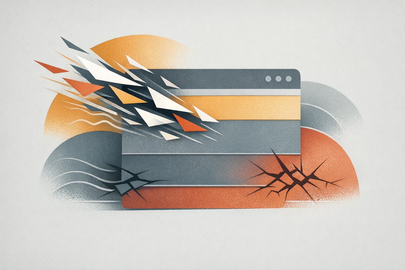 Abstract editorial illustration of outside dependencies pressing into the performance and trust boundaries of a website