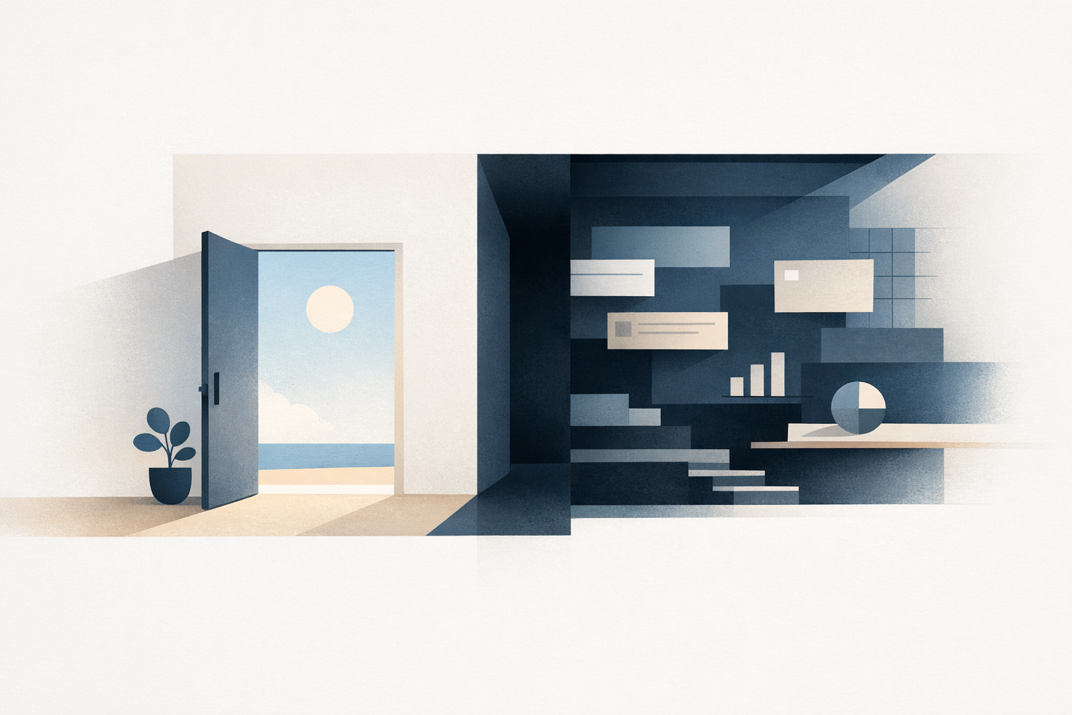 Minimal editorial illustration of two connected digital spaces: a public-facing entry and a deeper operational workspace