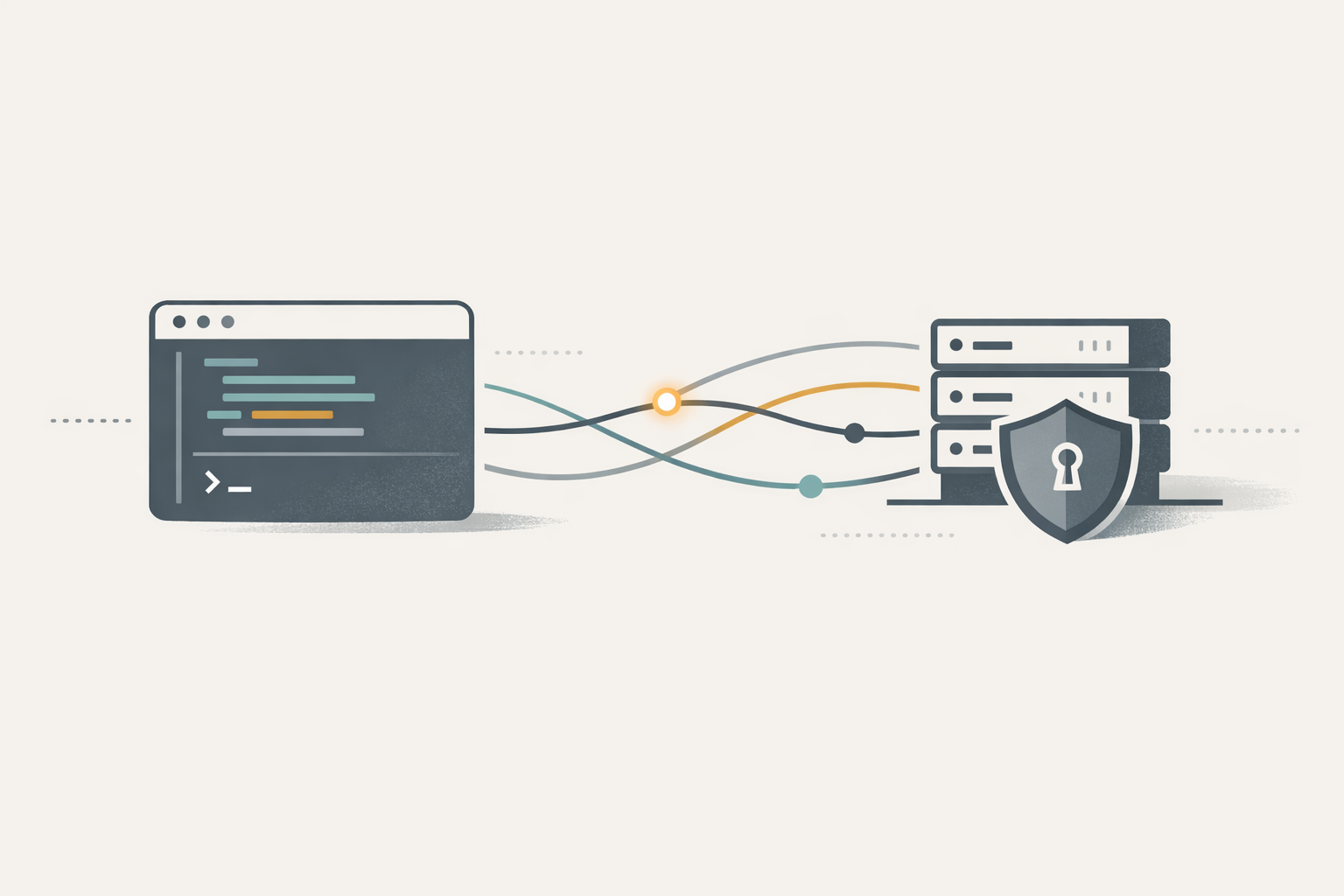 Minimal editorial illustration of a coding agent connecting to a trusted remote tool server through clean protocol lines and structured signals