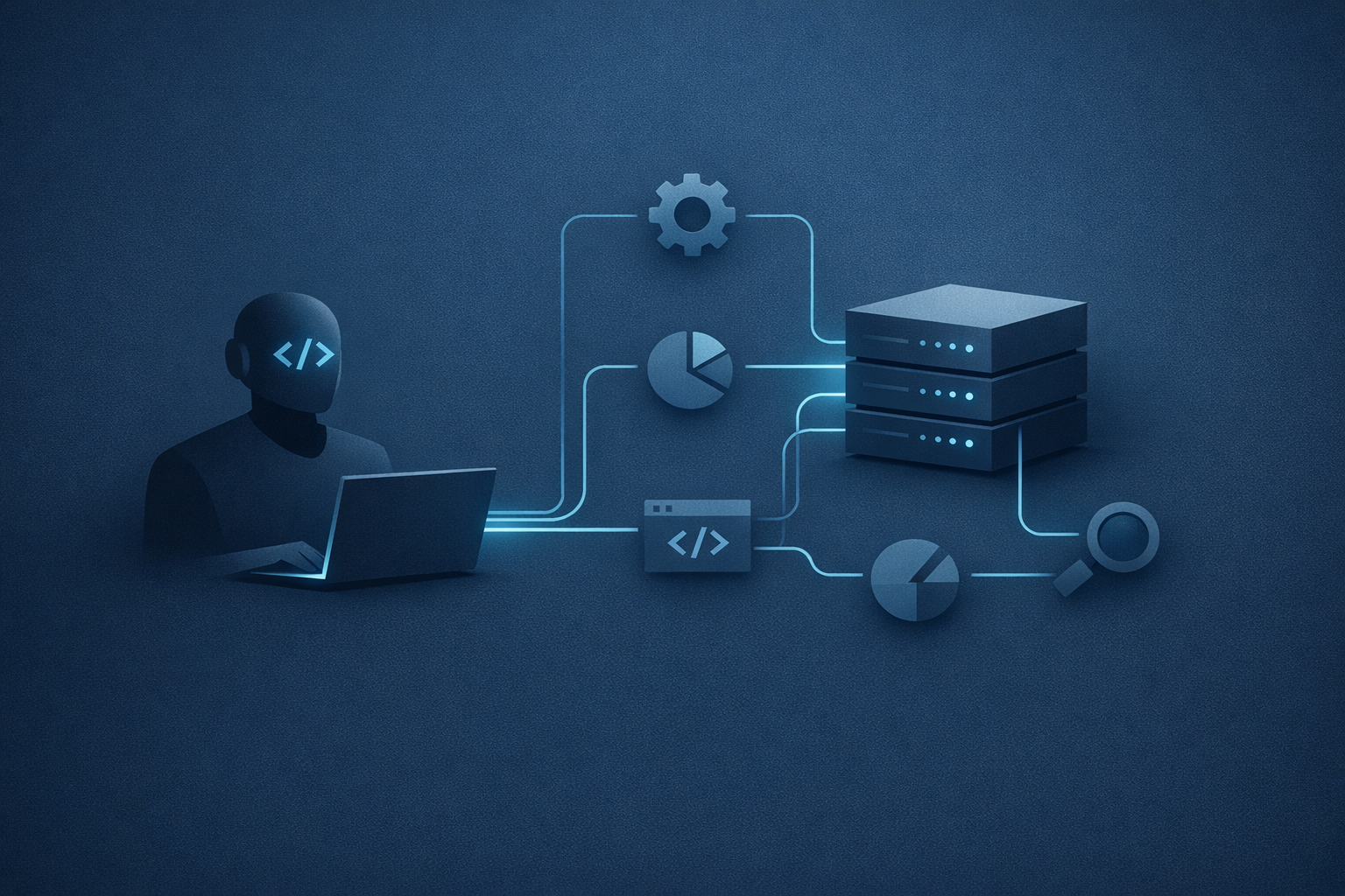Minimal editorial illustration of an agentic coding workflow connecting to a trusted tool server through clean protocol lines