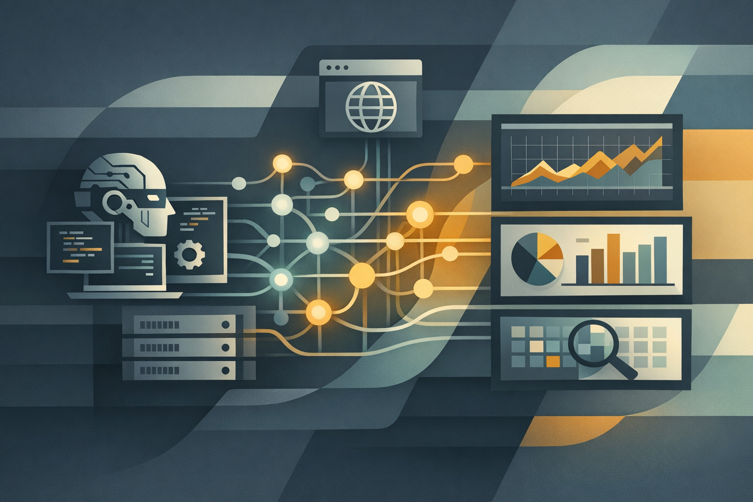 Editorial abstract showing agent workflows connected to concrete website diagnostics