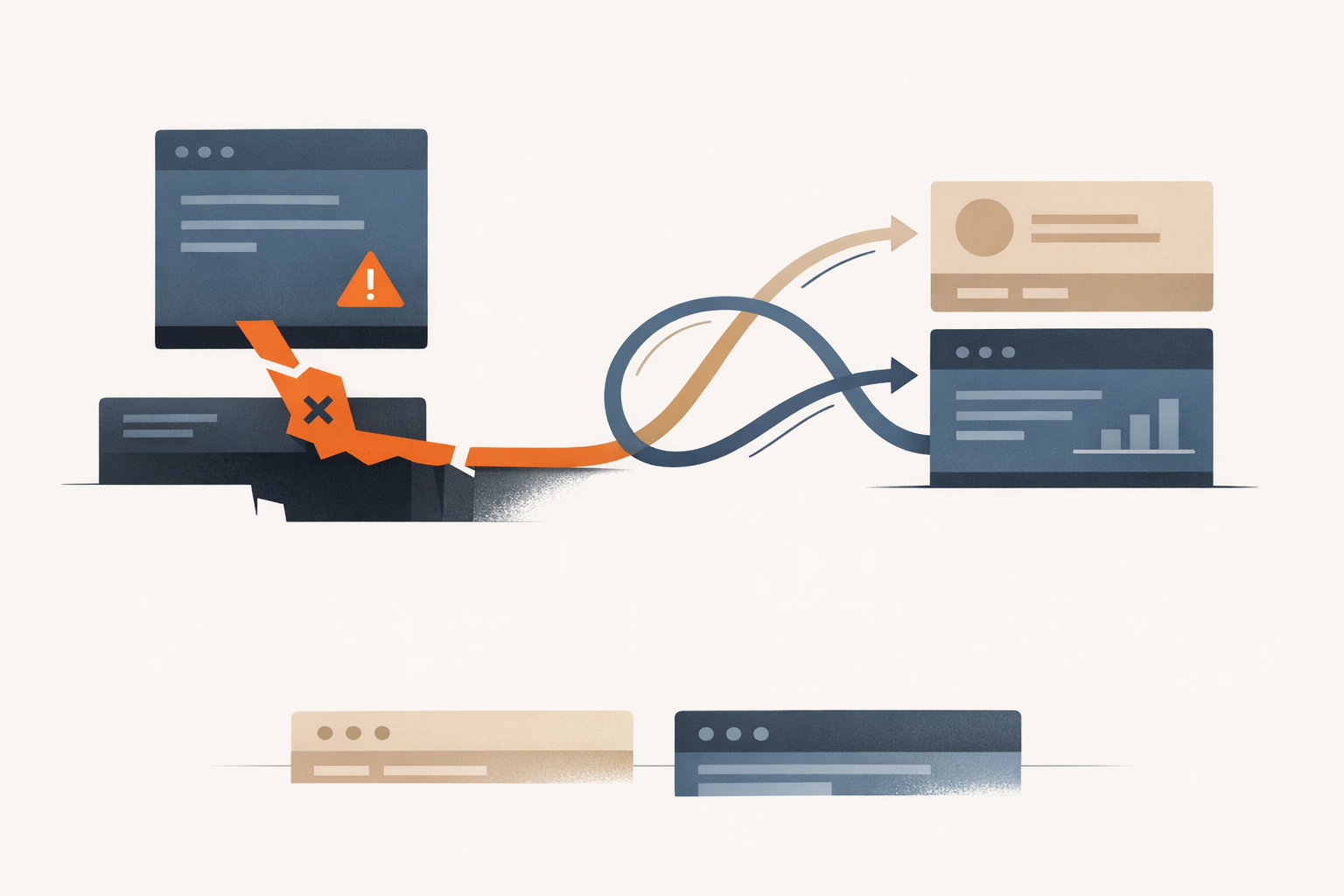 Abstract editorial illustration of application failures being redirected into structured recovery paths instead of dead ends