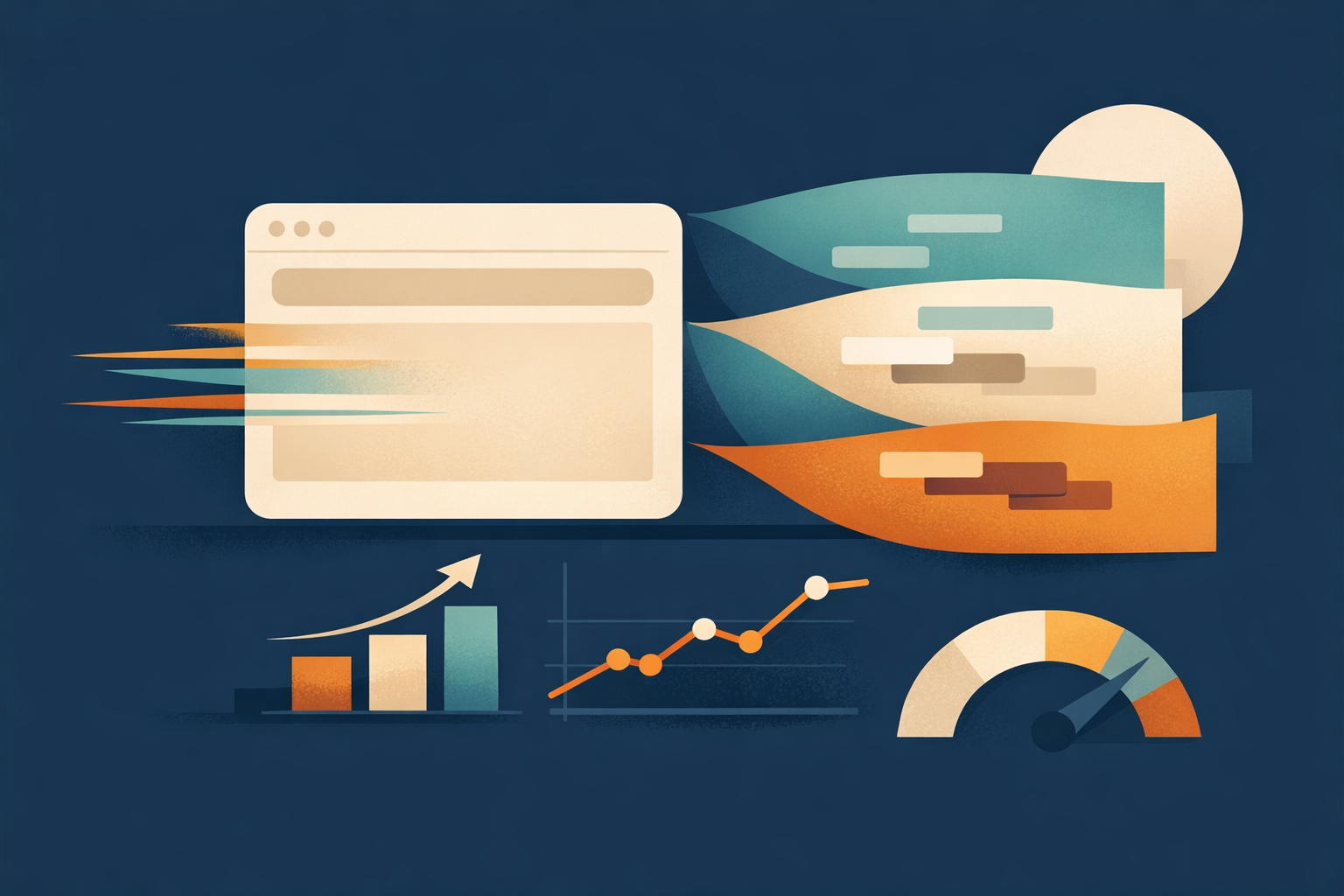 Minimalist editorial art about fast page shells, streaming boundaries, and cleaner rendering paths in Next.js 16