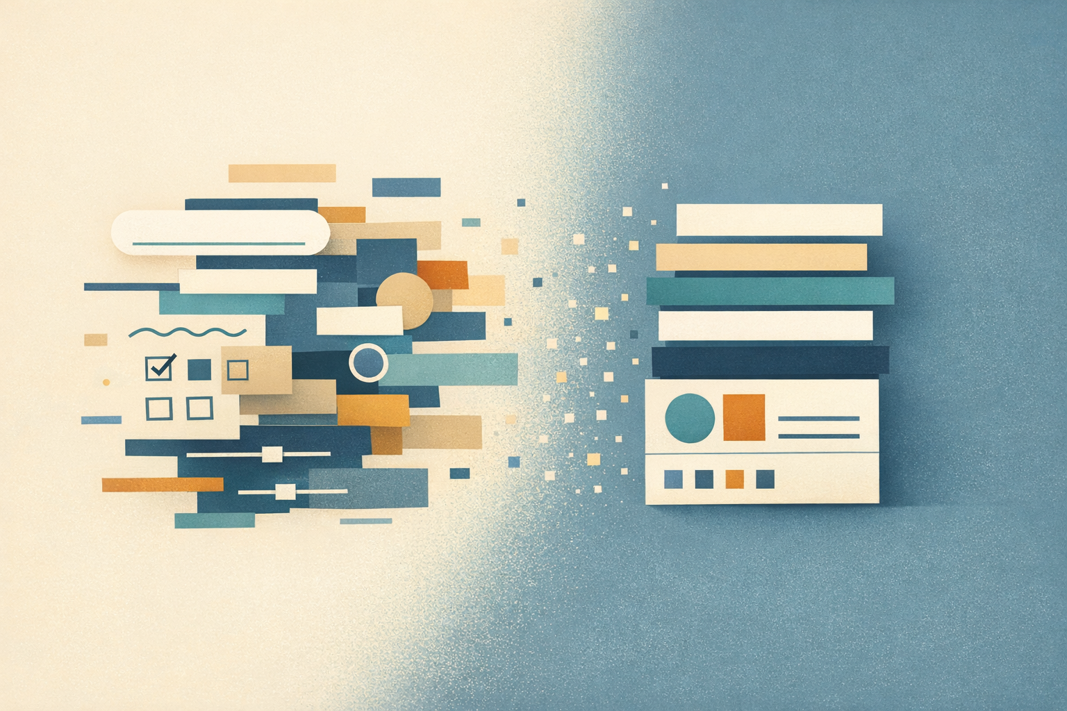 Abstract editorial composition of raw form inputs being refined into a clean, trusted submission shape
