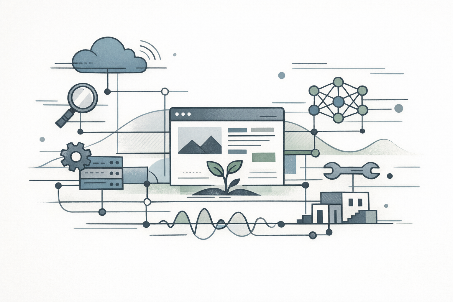 Abstract editorial illustration of a living website sustained by interconnected maintenance systems and search signals