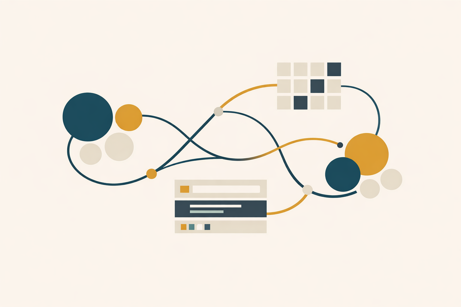 Abstract editorial illustration of keyword clusters, search signals, and agentic research paths converging into a clearer strategic map