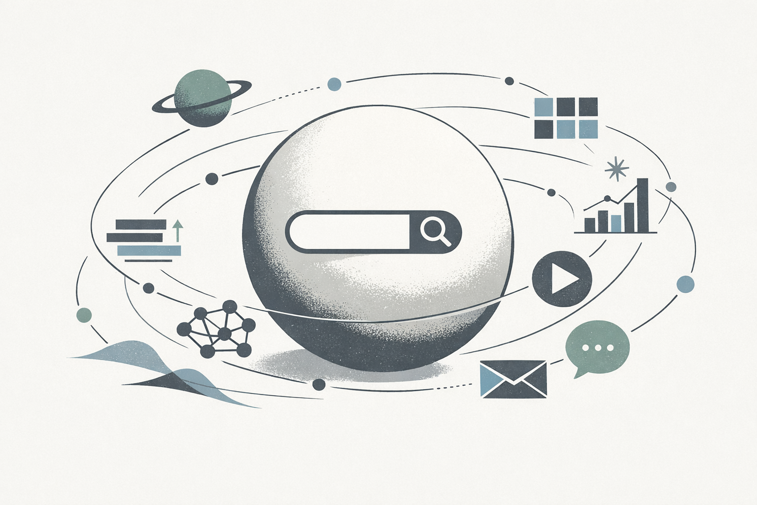 Abstract editorial illustration of the search landscape as a concentrated core surrounded by smaller but meaningful discovery channels