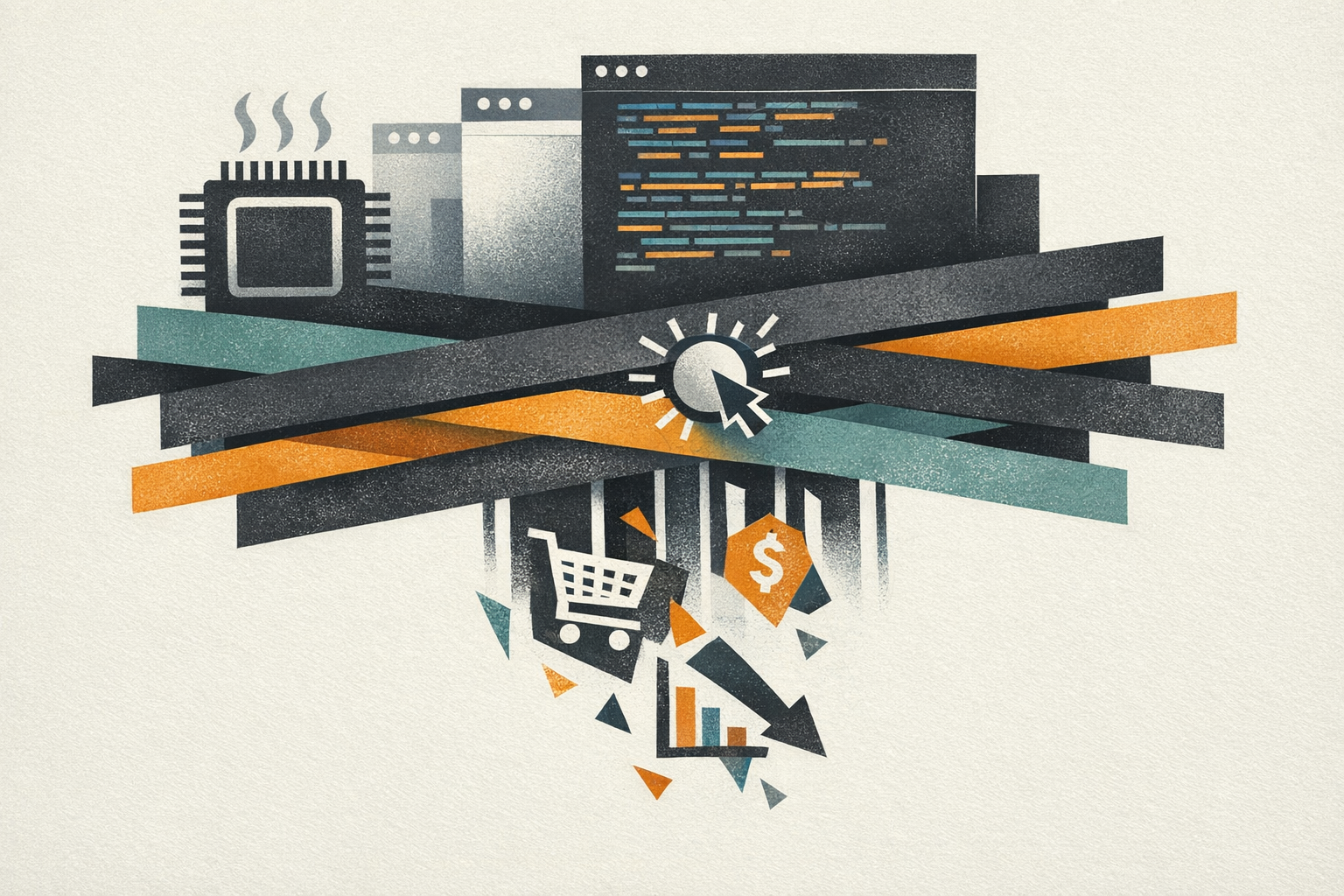 Abstract editorial illustration of dense script weight turning into friction, delay, and commercial leakage across a buying journey