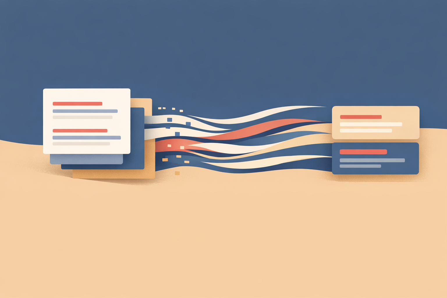Abstract editorial illustration of search demand, shrinking click paths, and AI summaries reshaping the route from query to website
