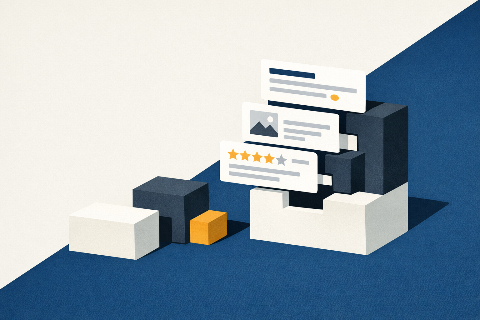 Abstract editorial illustration of structured search signals locking into a cleaner, richer search result