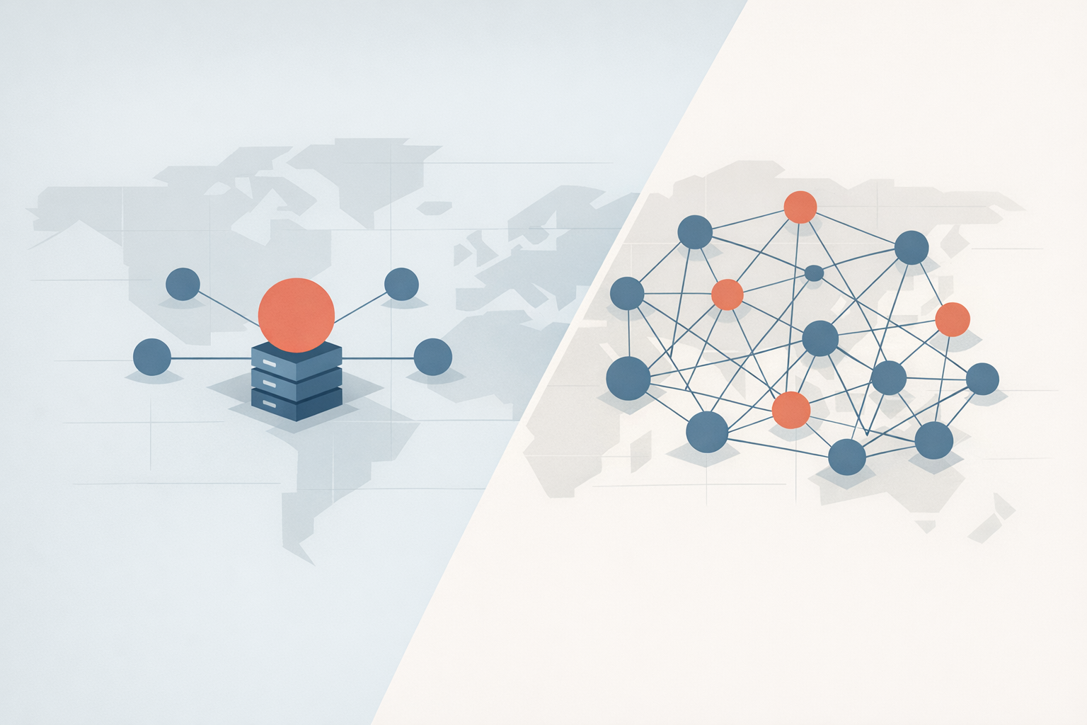 Minimalist editorial artwork contrasting a single origin with a wider edge network spreading outward across a restrained map-like field