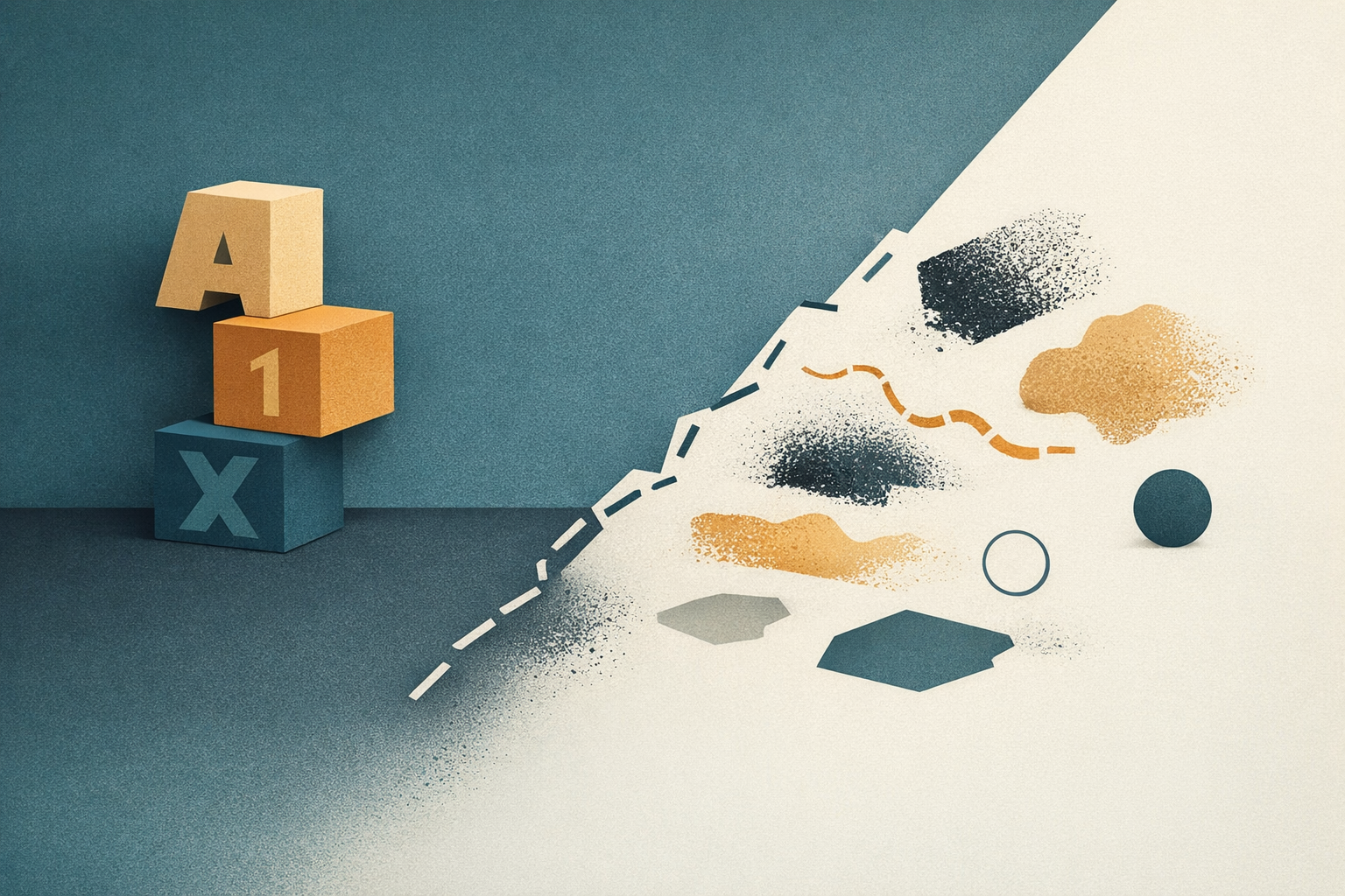 Abstract editorial illustration of rigid type shapes colliding with messy runtime inputs, network uncertainty, and edge-case drift
