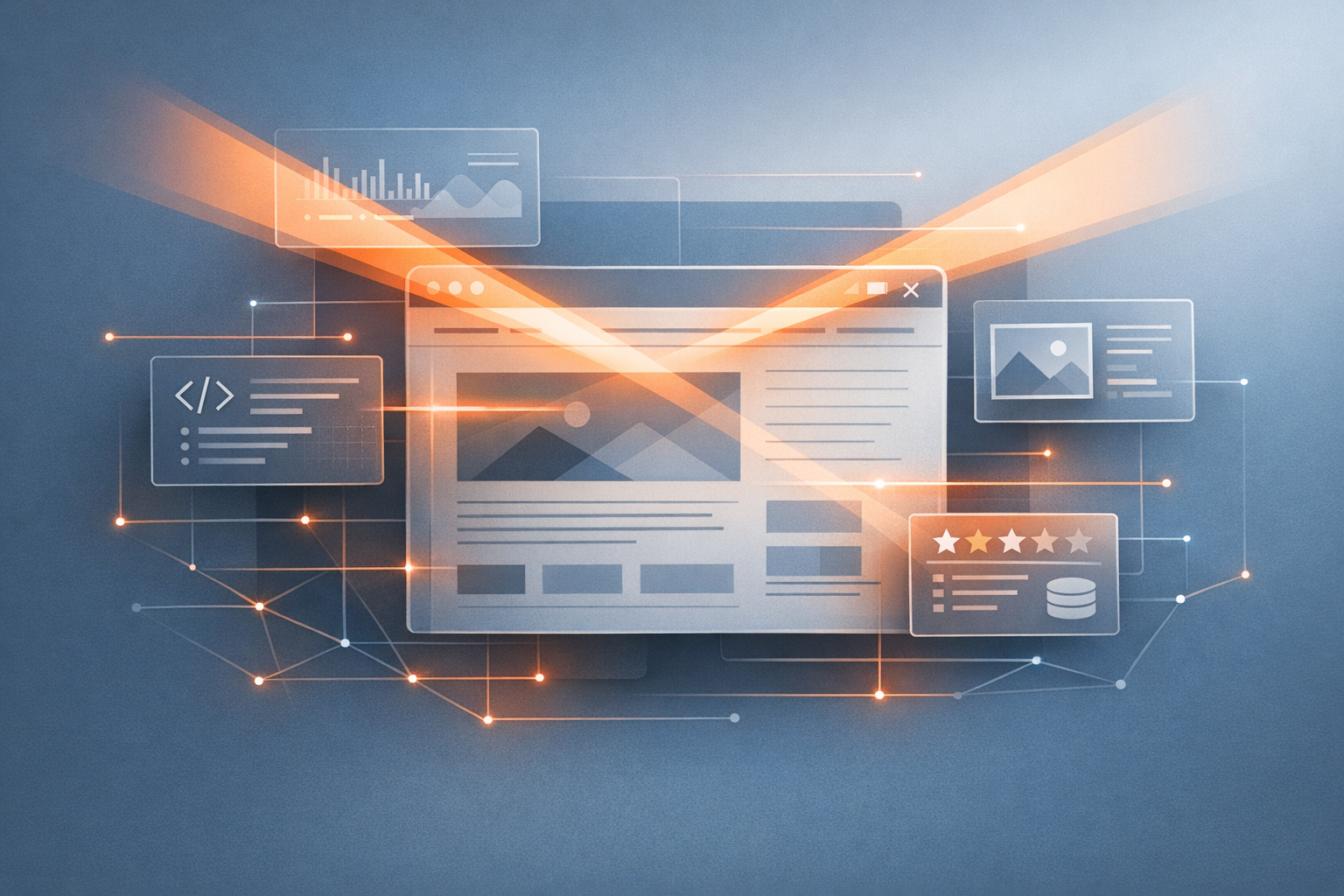 Abstract editorial illustration of websites being evaluated through machine-readable signals