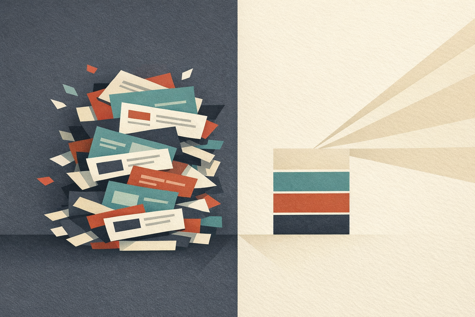 Abstract editorial illustration of a content system being pared back into a cleaner, sharper structure that emphasizes signal over noise