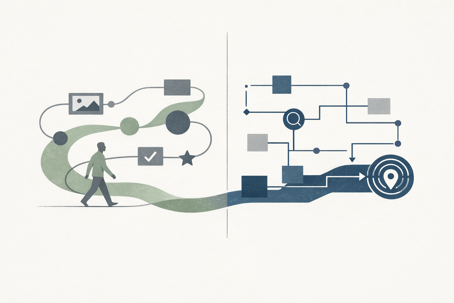 Abstract editorial illustration of a website designed with parallel pathways for human readers and machine agents
