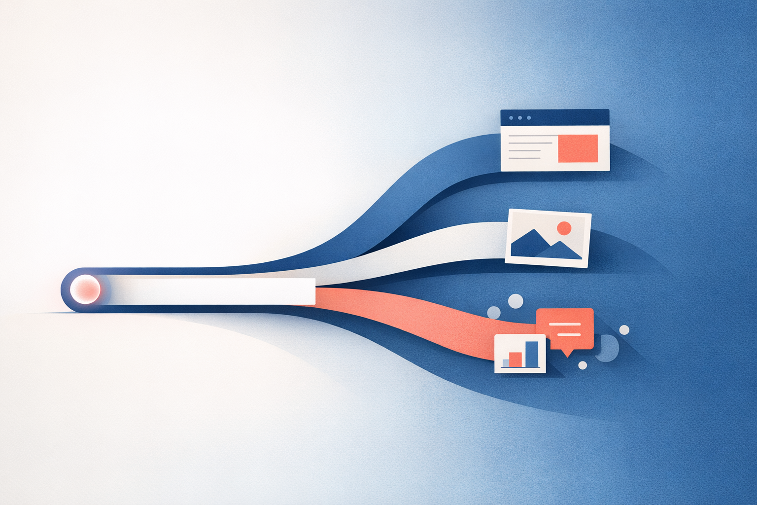 Abstract editorial illustration of a search interface expanding into a richer prompt surface with branching paths toward websites, media, and supporting sources