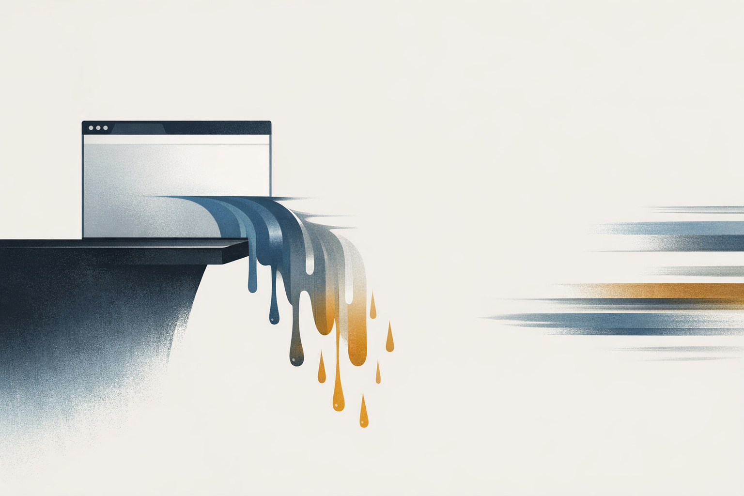 Abstract editorial illustration of momentum draining out of a public-facing website experience