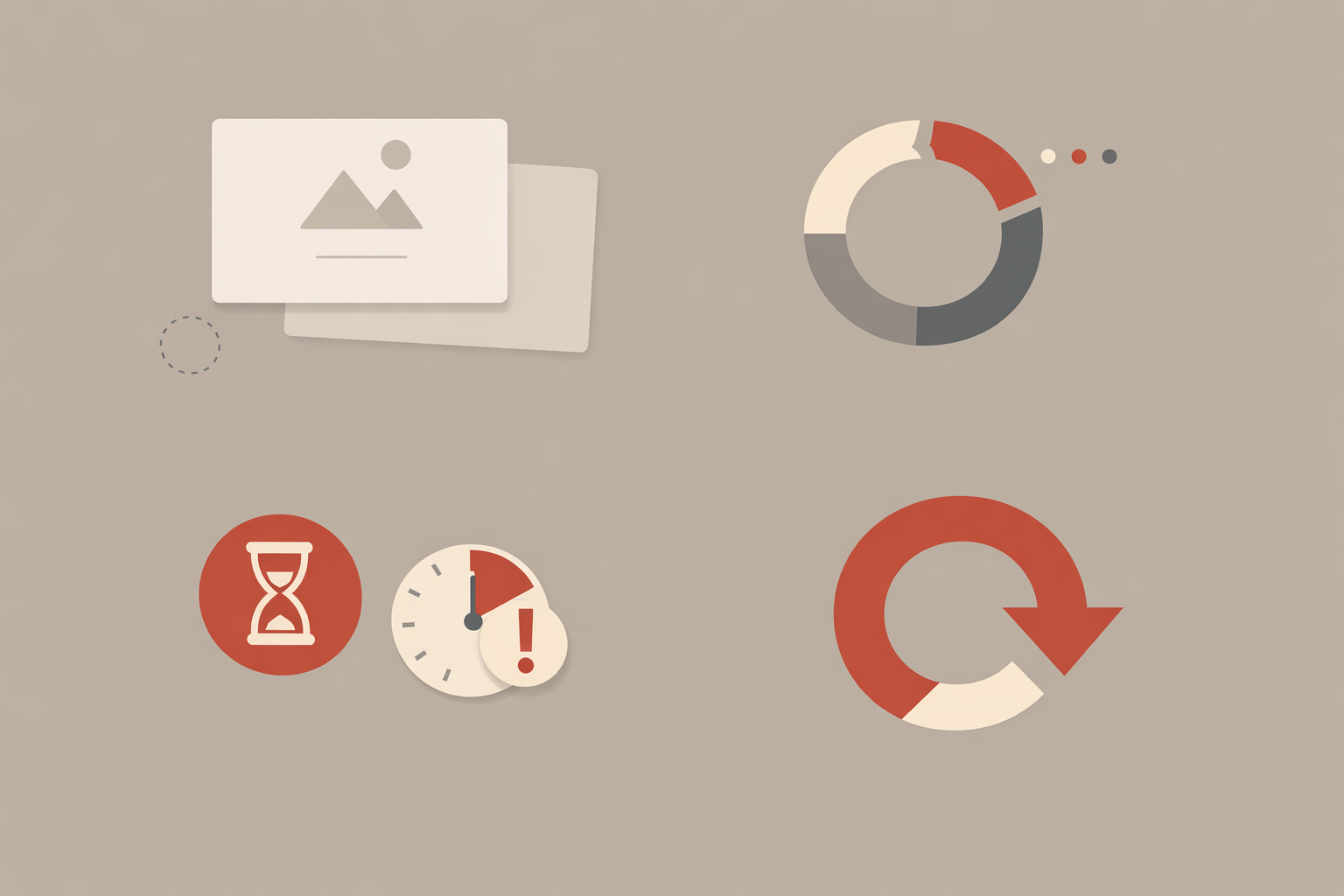 Abstract editorial illustration of empty panels, interrupted loading, and a clear retry path rendered as restrained geometry