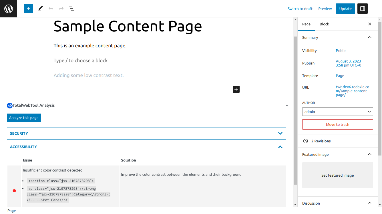 Wordpress plugin in use on sample page